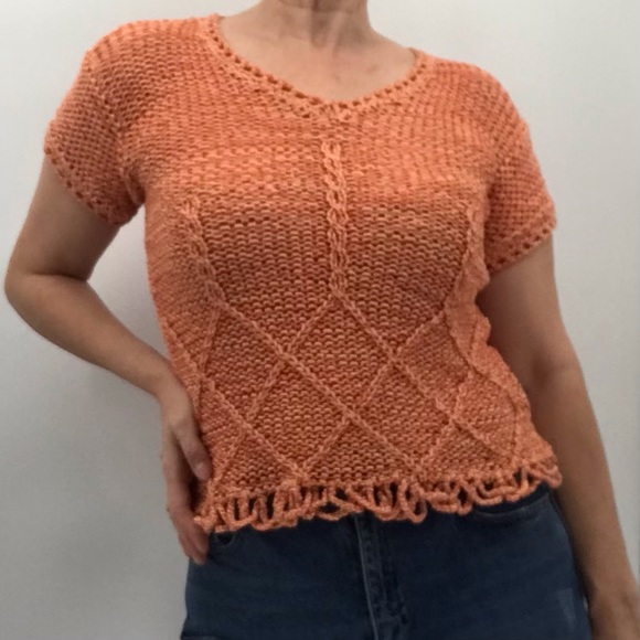 Vintage Y2K Crochet Woven Cut Out Hand Knit Lightweight Short Sleeve Sweater - Picture 13 of 13